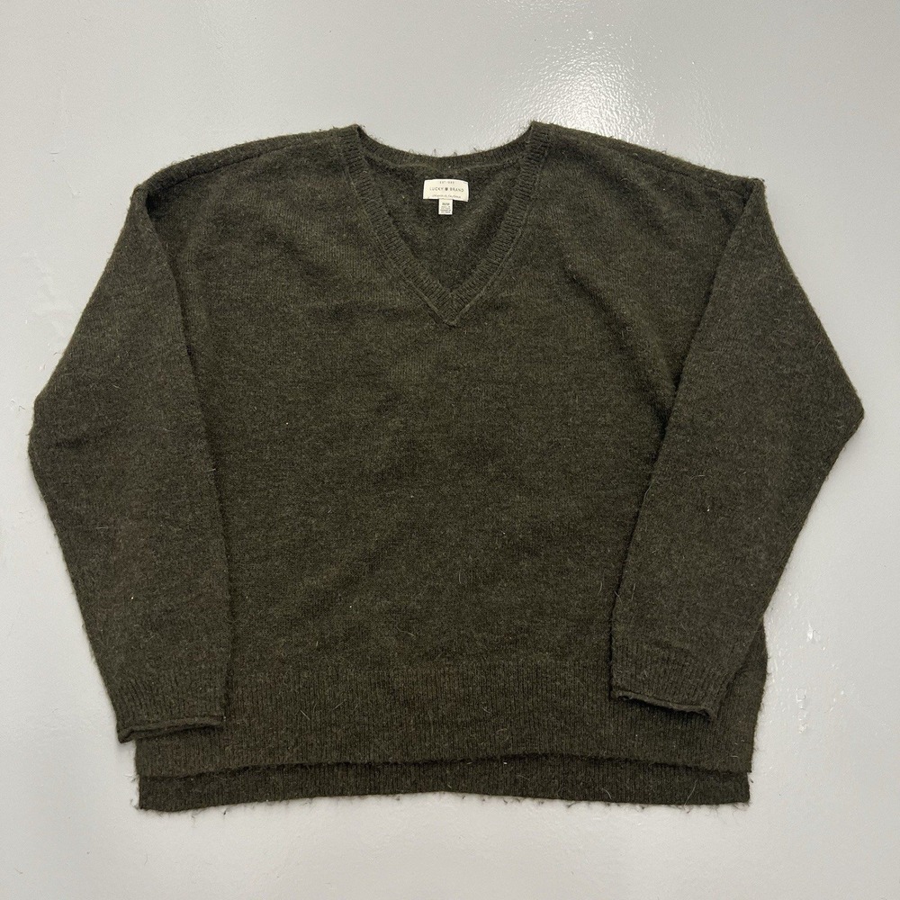 Lucky Brand Womens Medium Olive Green V-Neck Relaxed High-Low Knit Sweater